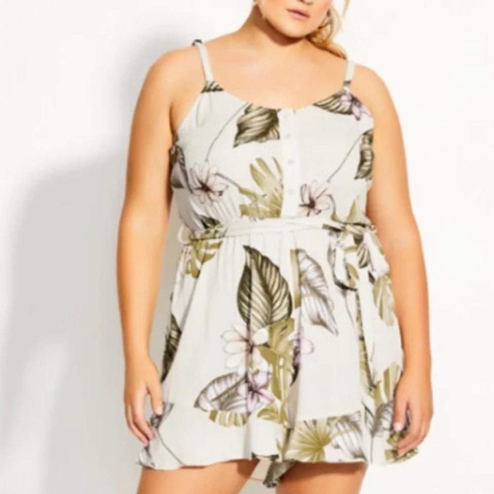 City Chic Women S/16 Beige Tropical Floral Sleeveless Belted Flounce Hem Romper